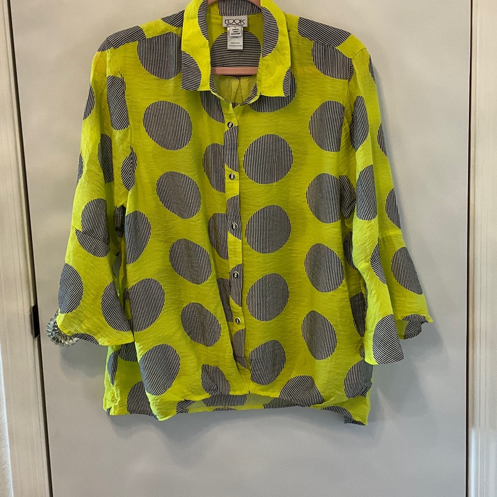 Ladies neon top with black and white striped polka dots size Large